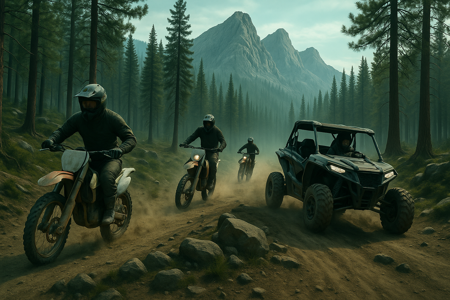 Off-road adventure banner with natural colors and subtle blue-green tones