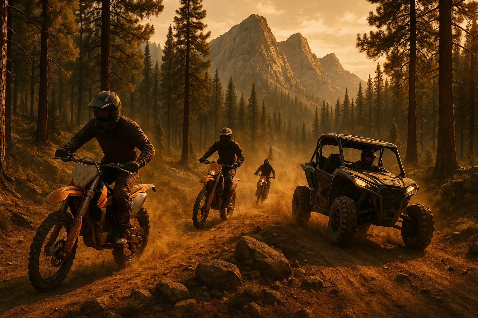 Offroad adventure scene with dirt bikes and ATVs in a mountainous forest setting
